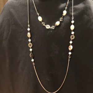 Ann Taylor LOFT Necklace - silver tone with tan beads and crystals